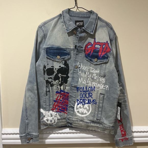 Mens Brand New Painted Flame Skull Bone Denim Jacket - Picture 1 of 3